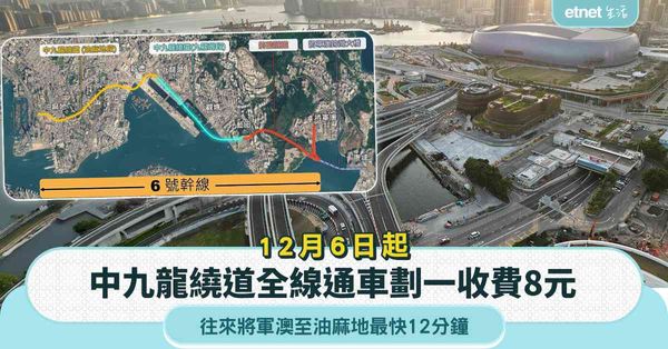 中九龍繞道12月6日起全線通車劃一收費8元，往來將軍澳至油麻地最快12分鐘
