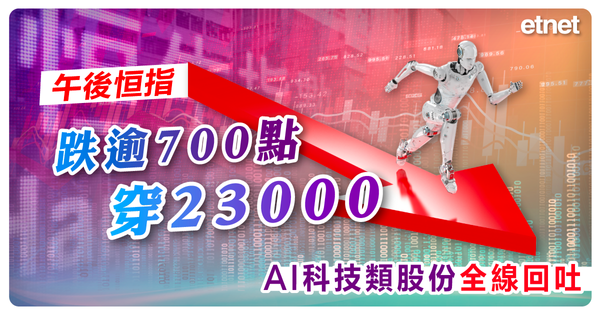 恒生指數 | 午後恒指跌逾700點穿23000，AI科技類股份全線回吐