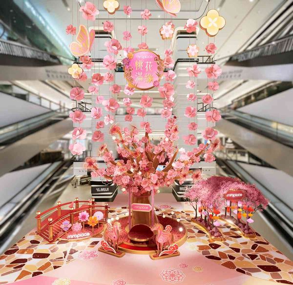 Mira Place, Tsim Sha Tsui | Mira Place Peach Blossom 'Destiny' - The first 12-meter-tall 'Destiny' Peach Blossom Tree Installation in Hong Kong. Over 3,888 Peach Blossoms of all sizes bring good luck in love for the new year. Five steps to good fortune in