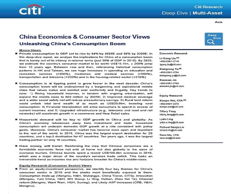 花旗於其重磅深度研究報告最新指,消費熱潮對中國的影響剛剛起步,預計私人消費佔ＧＤＰ比例2025年將持續升至54%。