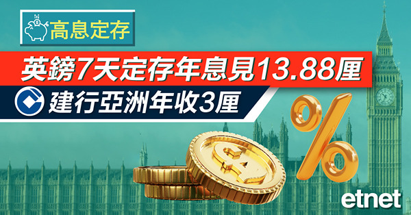 【高息定存】英鎊7天定存年息見13.88厘　建行亞洲年收3厘