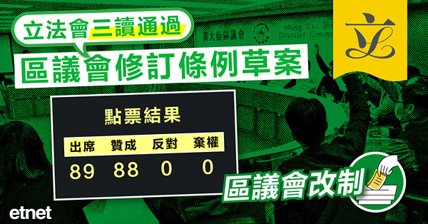 立法會三讀通過區議會修訂條例草案