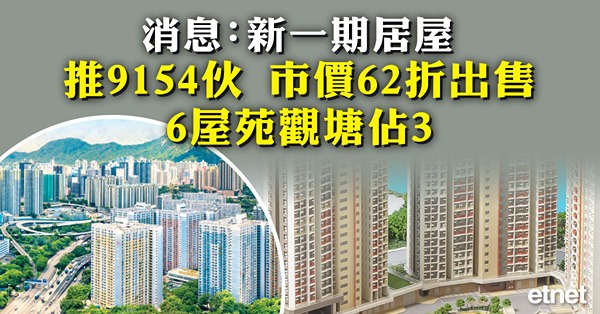 消息：新一期居屋推9154伙市價62折出售，6屋苑觀塘佔3