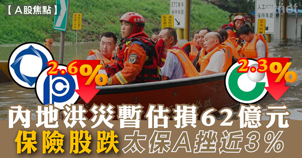 內地洪災暫估損62億元，保險股跌，太保A挫近3%